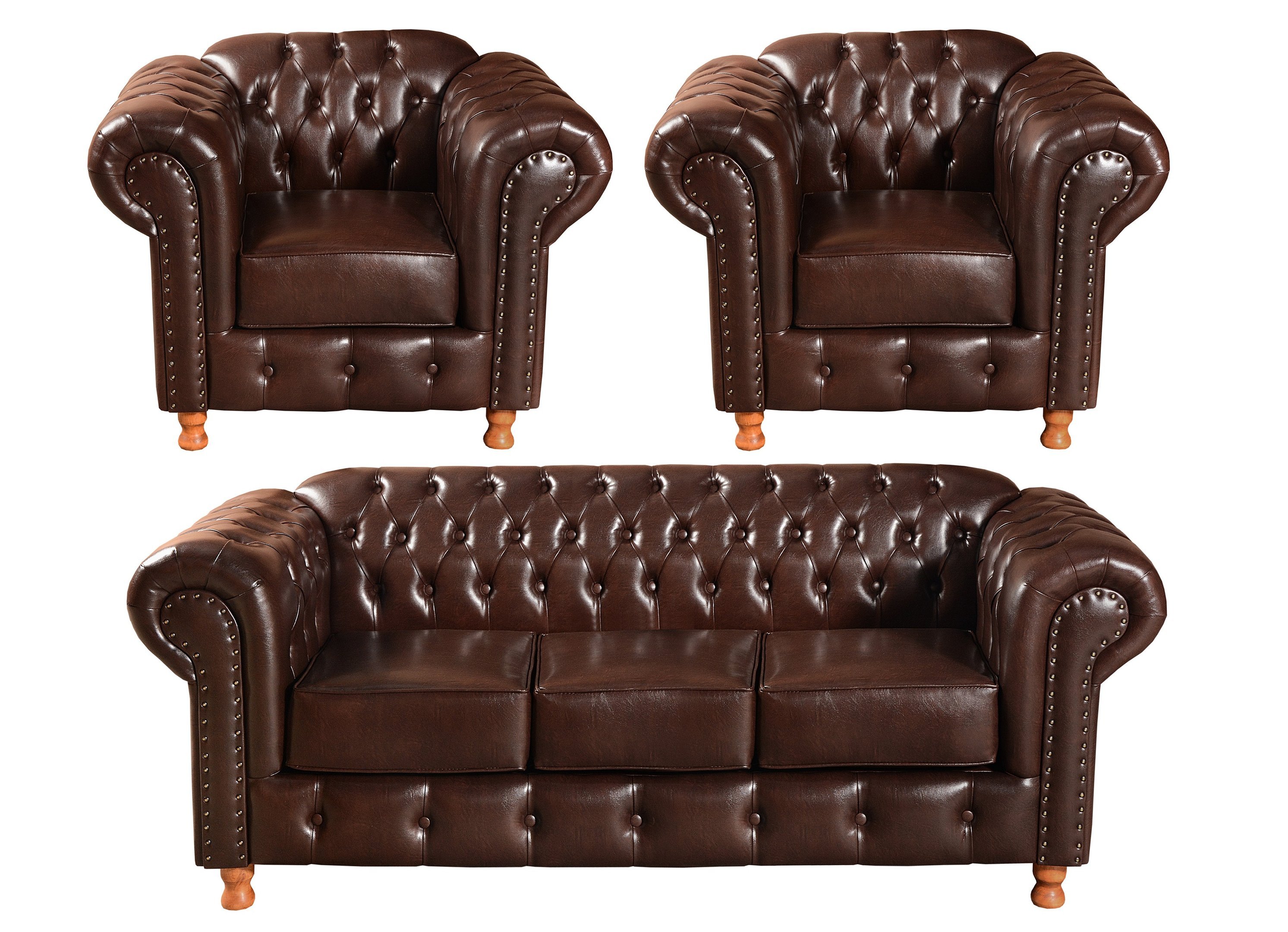 Conjunto de Sofá 3 Lugares e 2 Poltronas Chesterfield Luís Xv