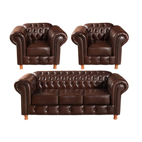 Conjunto de Sofá 3 Lugares e 2 Poltronas Chesterfield Luís Xv