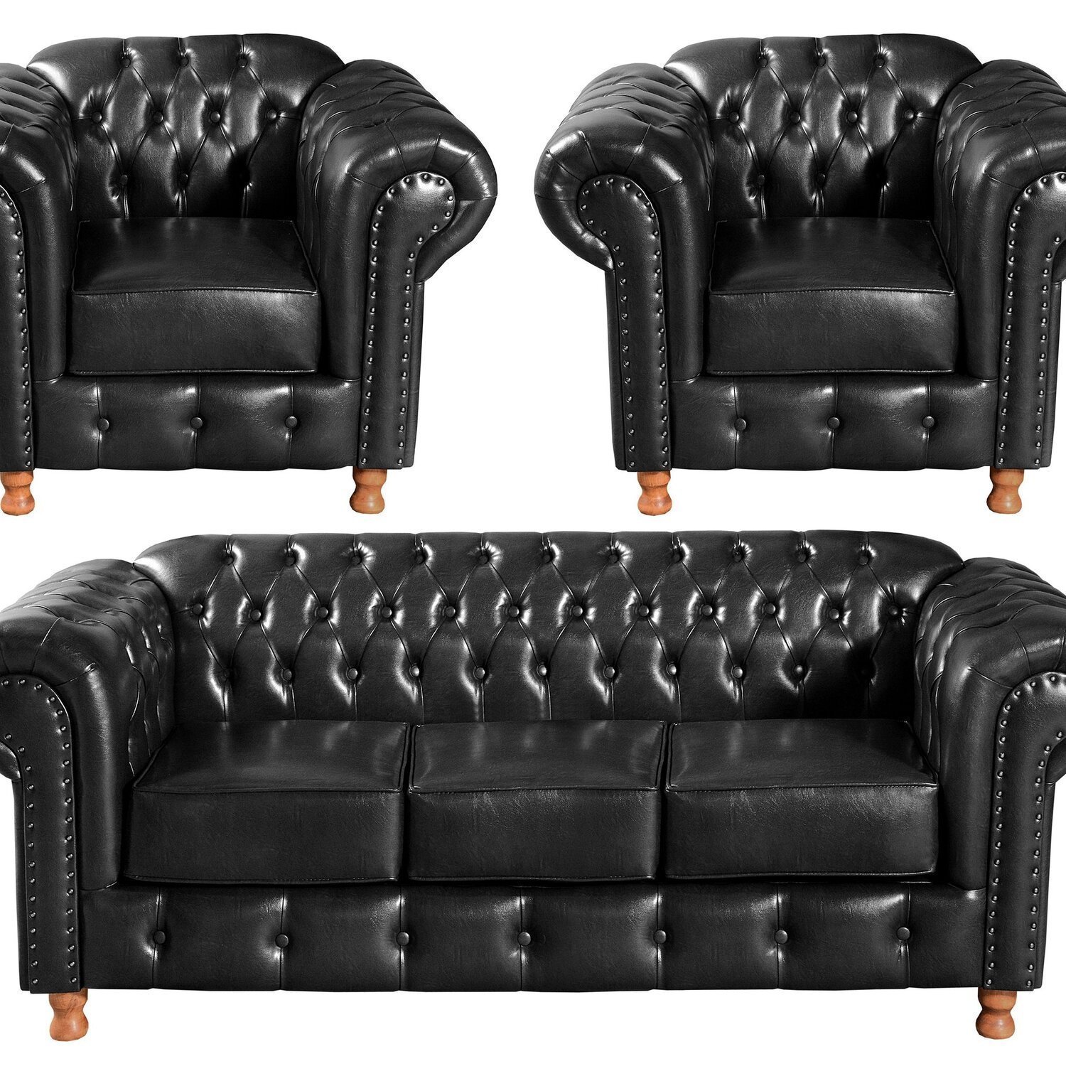 Conjunto de Sofá 3 Lugares e 2 Poltronas Chesterfield Luís Xv