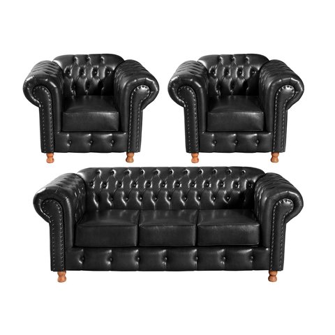 Conjunto de Sofá 3 Lugares e 2 Poltronas Chesterfield Luís Xv Preto