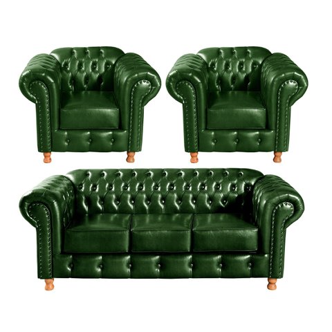 Conjunto de Sofá 3 Lugares e 2 Poltronas Chesterfield Luís Xv Verde