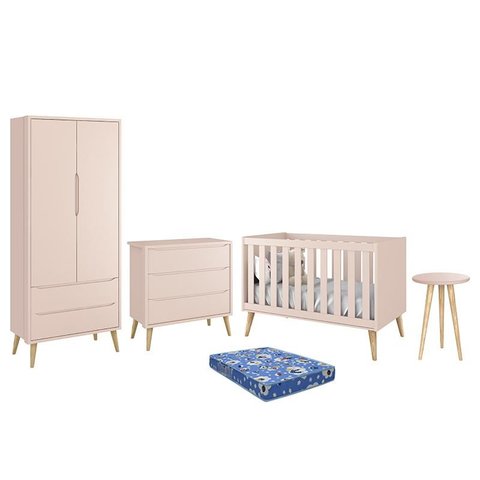 Dormitório Theo Retrô 2 Portas, Cômoda, Berço, Mesa de Apoio Rosa Fosco com Pés Madeira Natural e Co