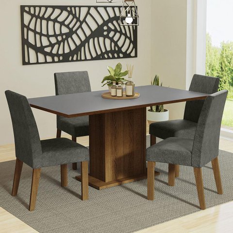 Conjunto Sala de Jantar Mesa Tampo de Madeira 4 Cadeiras Rustic/cinza/silver Keila Madesa