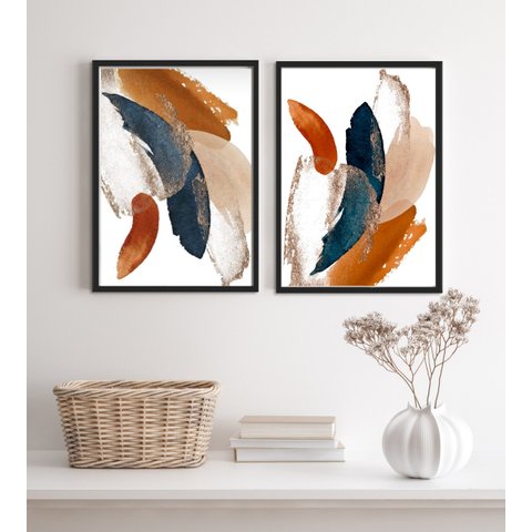 Conjunto 2 Quadros Abstratos Arte Azul Terracota 24x18cm:madeira Preta
