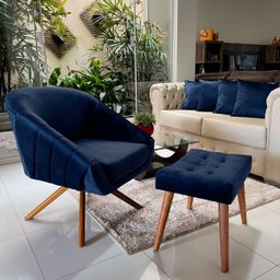 Kit Poltrona Giovana Giratória Ferro e Madeira, Puff Capitonê Luxo e Almofadas em Sued Premium:azul - 2
