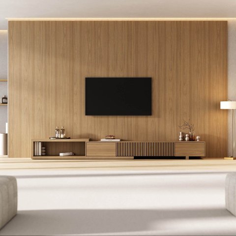 Rack Extensível Ripado com Painel TV 86 Polegadas Planejado 400x230cm Aruá CabeCasa MadeiraOriginals Marrom