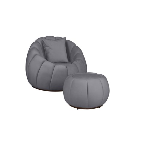 Kit Poltrona Decorativa C/puff e Almofada Concha Veludo Cinza - Montanaris Decor