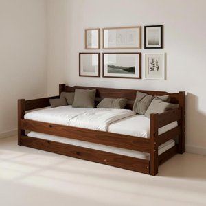 Cama Solteiro com Auxiliar Bicama de Madeira Maciça Castanho