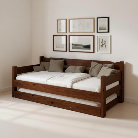 Cama Solteiro com Auxiliar Bicama de Madeira Maciça Castanho