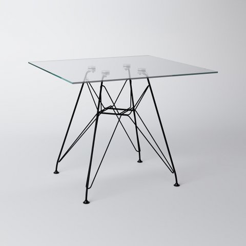 Mesa Eiffel Quadrada 90cm Tampo de Vidro com Base de Ferro Preto