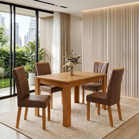 Conjunto Sala de Jantar 4 Cadeiras 120cm Mesa Athenas e Cadeiras Apogeu Marrom Amêndoa Clean/Couro Morano Avelã