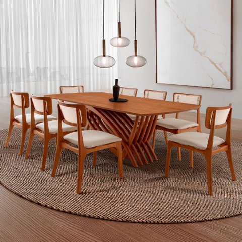 Conjunto Sala de Jantar Mesa Venus Tampo 220cm Laminado Barril e 8 Cadeiras Viena