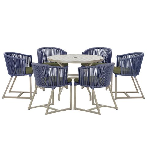 Mesa com 6 Cadeiras de Jantar Roma 120cm e Noronha em Alumínio Fendi Corda Náutica Estofado 13 Trama