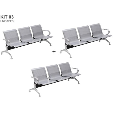 Kit com 03 Cadeiras Longarina Aeroporto Cromada 3 Lugares