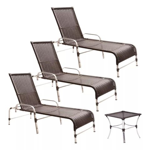 3 Espreguiçadeiras e Mesa para Piscina, Área, Varanda Trama Tabaco