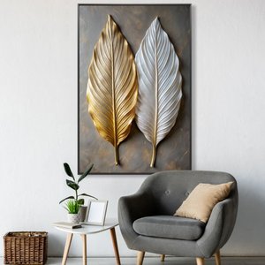 Quadro Decorativo Folhas Abstratas 3d Dourado Branco Sala Quarto Casa Escritório
