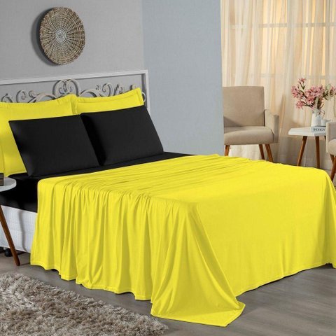 Jogo de Cama Casal Viúva Nobre 4 Peças Malha 100% Algodão - Amarelo / Preto