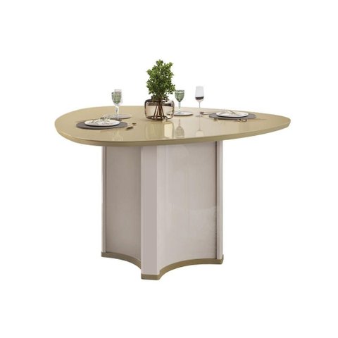 Mesa Multiuso Cozinha Chanel C/ Tampo Madeirado C/ Vidro Orgânico 136x136cm Off White/dourado - Dj