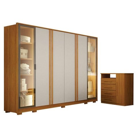 Guarda Roupa Casal Prime 6 Portas com Led Off White com Cômoda Diamante 4 Gavetas 1 Porta Cinamomo –
