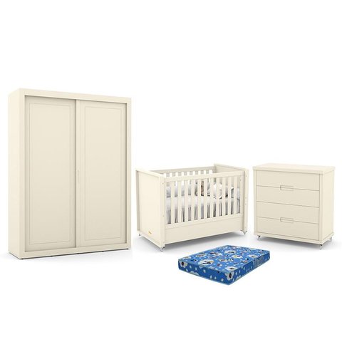 Dormitório Tutto New 2 Portas, Cômoda 4 Gavetas e Berço Off White com Colchão - Matic Móveis