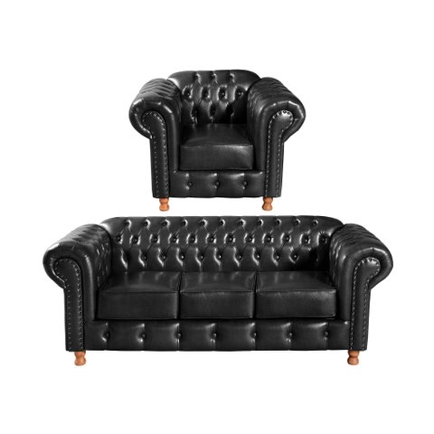 Conjunto de Sofá 3 Lugares e 1 Poltrona Chesterfield Luís Xv Preto