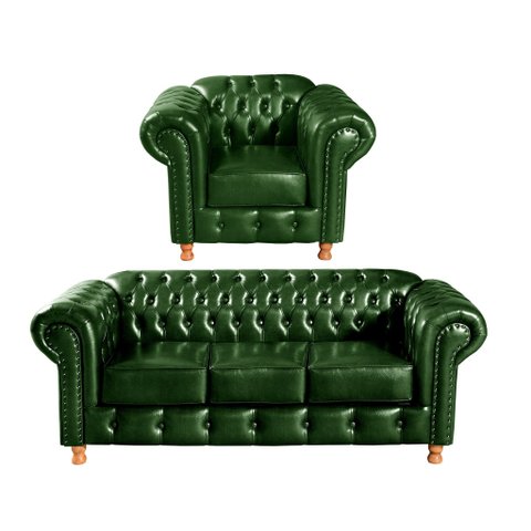 Conjunto de Sofá 3 Lugares e 1 Poltrona Chesterfield Luís Xv Verde