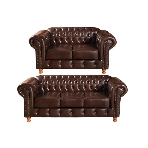 Conjunto de Sofá 3 e 2 Lugares Chesterfield Luís Xv Marrom Café