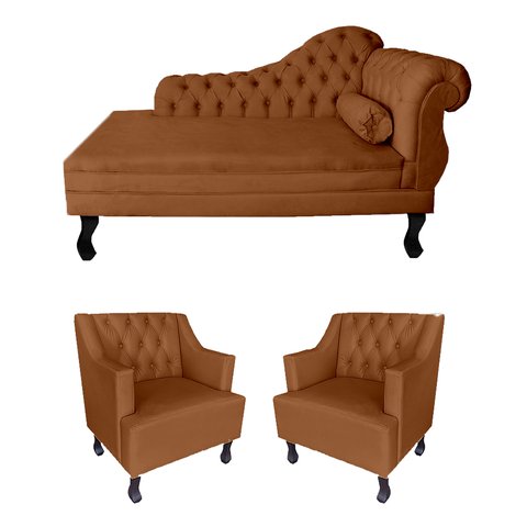 Sofá Divã + 2 Poltronas Capitonê para Consultório e Clínica Psicanálise - Veludo - Sv Decor:terracot