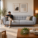 Ver imagem 2 de Sofá 3 Lugares 240cm Compose Boucle Cinnza com Corino Cinza Pés em Madeira Linha Premium Compose Pre