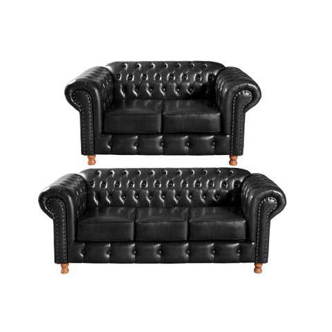 Conjunto de Sofá 3 e 2 Lugares Chesterfield Luís Xv Preto