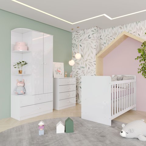 Quarto de Bebê Completo Guarda-Roupa 02 Portas com Canto Decorativo Berço e Cômoda Labirinto Branco