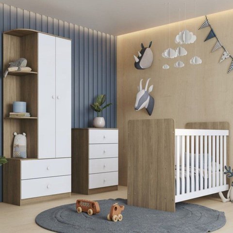 Quarto de Bebê Completo Guarda-Roupa 02 Portas Berço e Cômoda Labirinto Rústico/Branco
