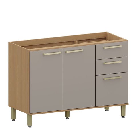 Balcão de Pia 100% MDF 120 cm 3 Portas 2 Gavetas Dulce Freijó/Cinnamon