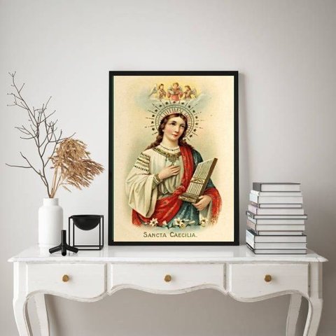 Quadro Decorativo Santa Cecília 24x18cm - com Vidro:Madeira Preta