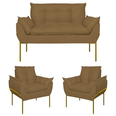 Kit 2 Poltronas + Namoradeira Pé Metal Dourado Recepção Sala Capuccino