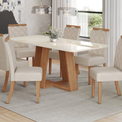 Conjunto Sala Jantar Mesa Lins 160cm Canto Arredondado com Vidro + 6 Cadeiras Bella Off White/Nature