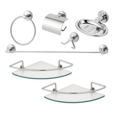 Kit Acessórios Banheiro Inox Lavabo + 2 Porta Shampoo Canto