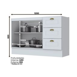 Balcão Modulado de Pia 120cm 2 Portas 3 Gavetas Emily Henn (sem Tampo) - 2