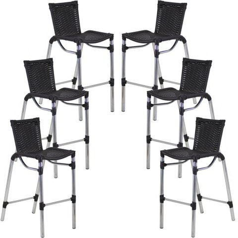 Kit 6 Banquetas Alumínio Fortaleza Alta para Balcão Cozinha Bar Trama Original Preto