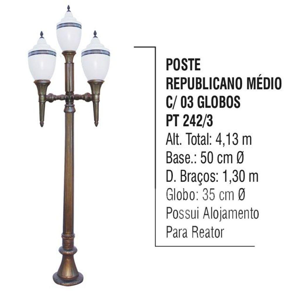 Poste Colonial Republicano Jardim de Alumínio 03 Globo 4,80m - 4