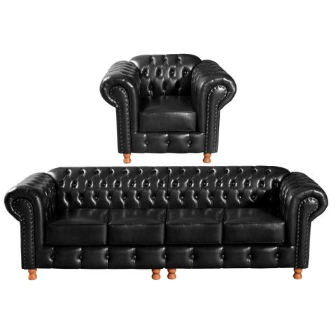 Conjunto de Sofá 4 Lugares e 1 Poltrona Chesterfield Luís Xv Preto