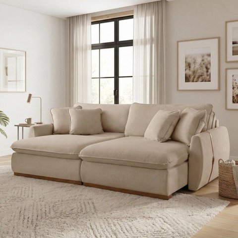 Sofá Cama 2 Lugares Retrátil Reclinável 190cm Linho com Molas Ensacadas Apolo Yescasa Bege