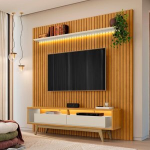 Painel com Rack para Tv até 75 Polegadas Ripado com 2 Prateleiras com LED 100% MDF Roma