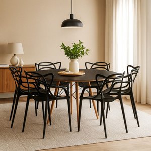 Conjunto Mesa Eames 110cm com 6 Cadeiras Allegra Empilhável Inmetro Sala Cozinha Jantar La Mobilia