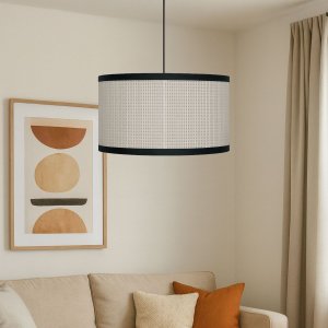 Luminária Pendente Lotus em Palha Indiana e Couro Sintético:preto