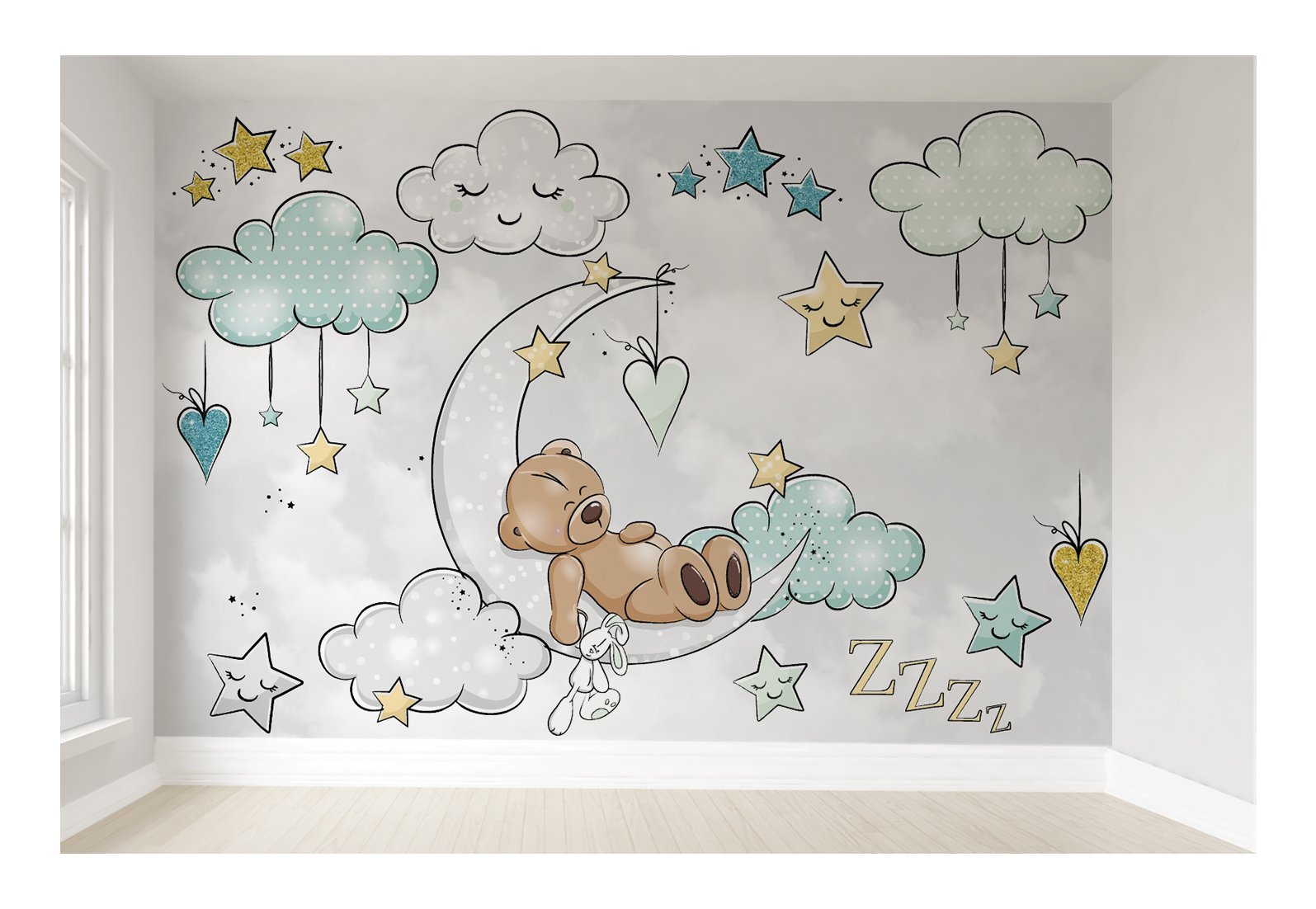 Papel de parede ursinho na lua infantil para quarto de bebê menino M² PP114