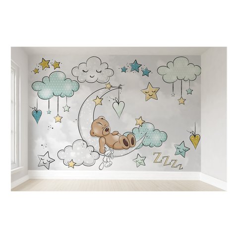 Papel de parede ursinho na lua infantil para quarto de bebê menino M² PP114