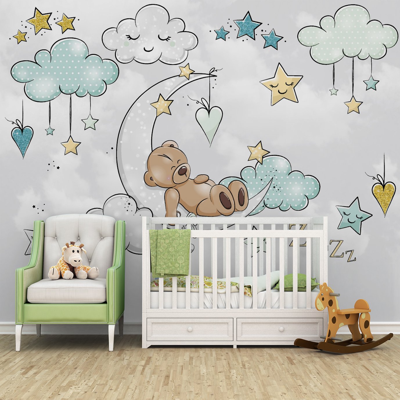 Papel de parede ursinho na lua infantil para quarto de bebê menino M² PP114 - 3