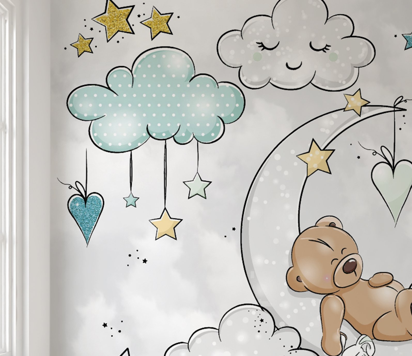 Papel de parede ursinho na lua infantil para quarto de bebê menino M² PP114 - 4