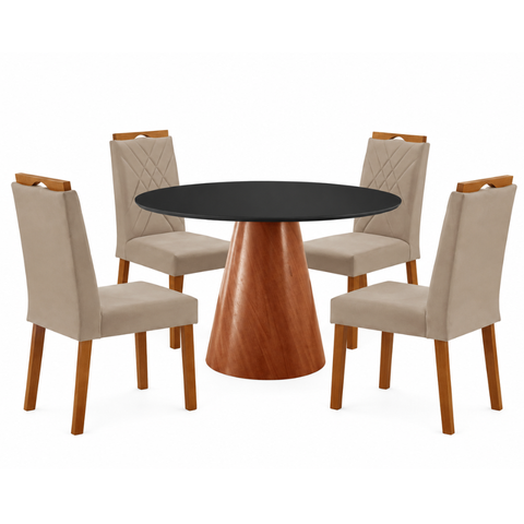 Conjunto Sala de Jantar Mesa Gênova 110cm Tampo Redondo Vidro Preto com 4 Cadeiras
